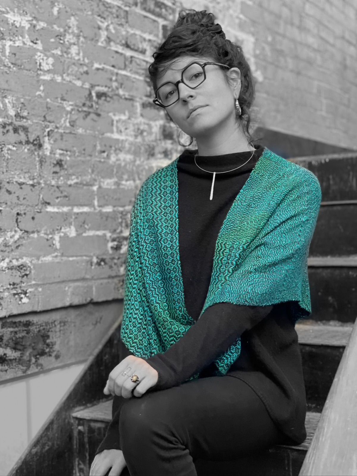 Mobius shawl in teal, woven by Mary