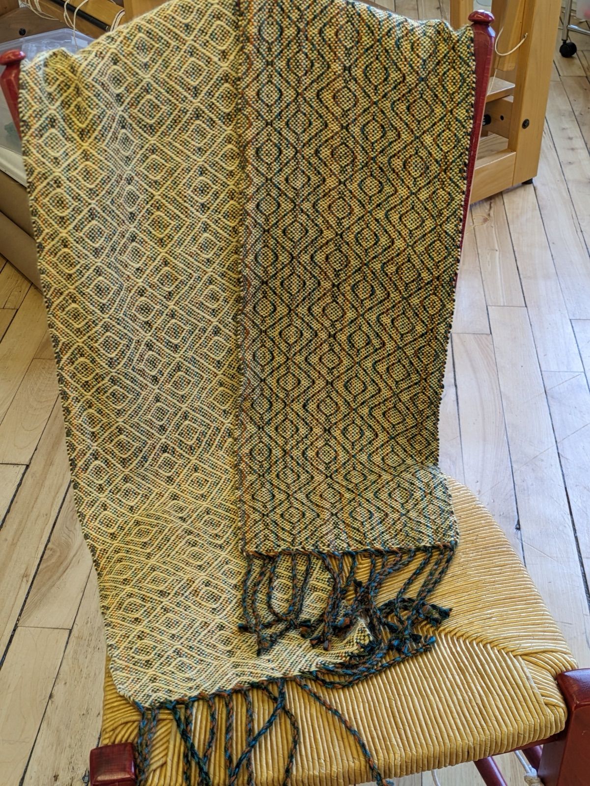 Alpaca scarf in a diamond pattern, woven by Pat